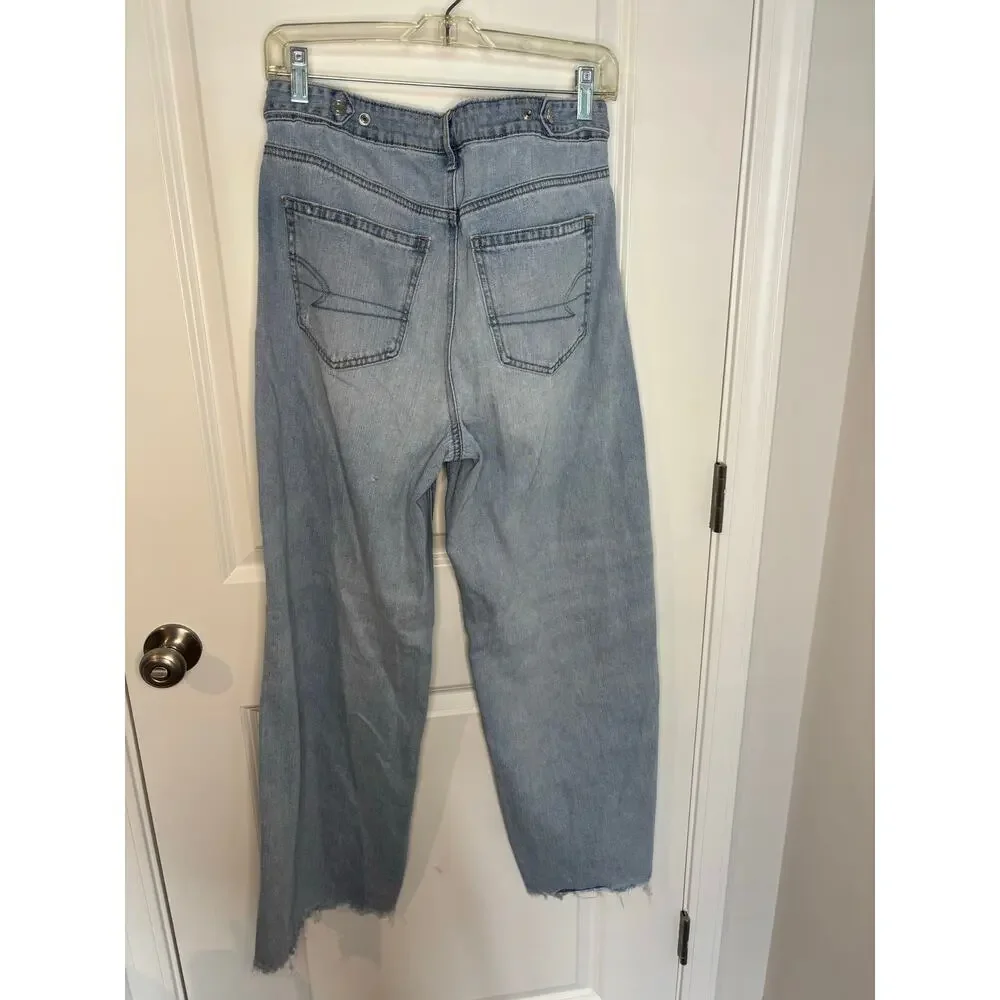 American Eagle Super High Rise Baggy Wide Leg Distressed Denim Jeans Sz 4